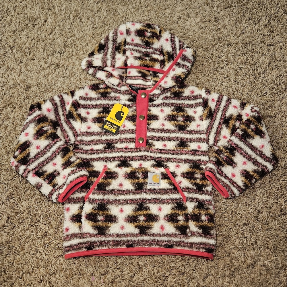 Carhartt Youth Girls Size 4 Aztec Quarter Snap Hooded Sherpa Fleece Pullover NEW